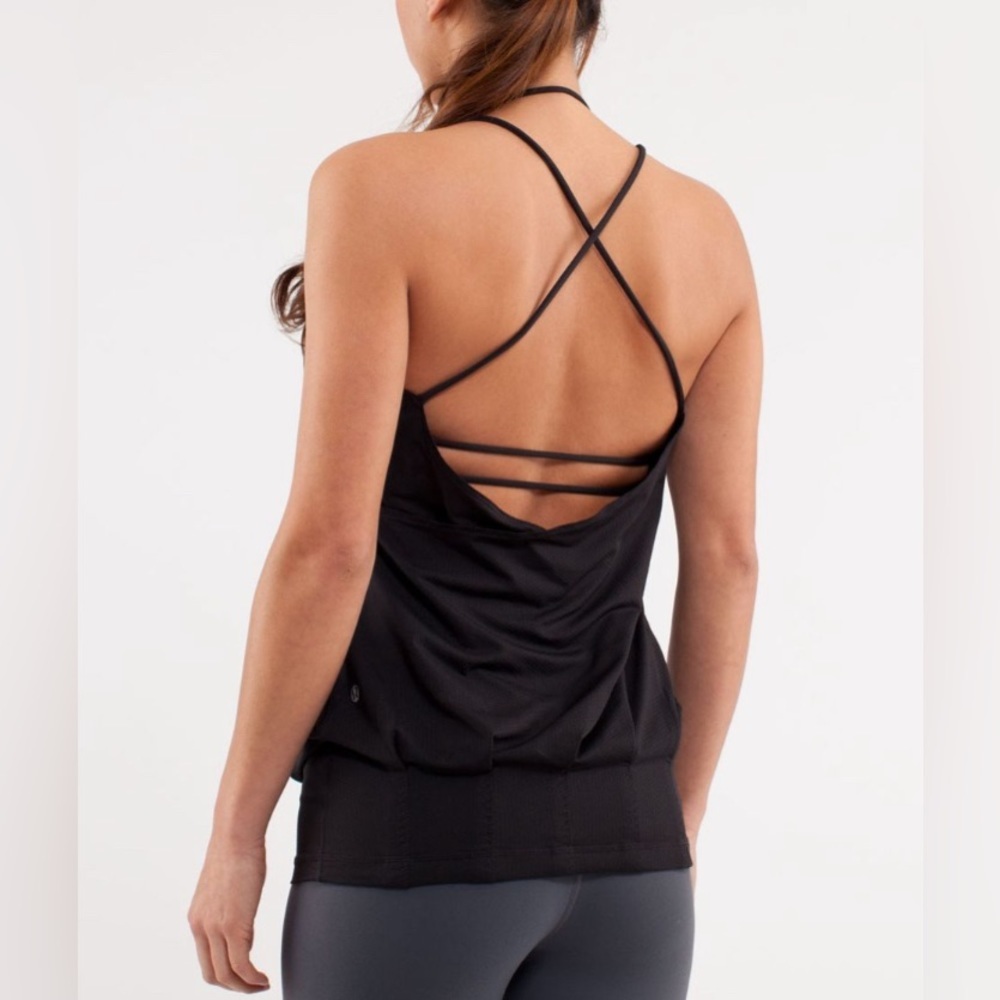 Flow and Go Lululemon-Black Strappy Long Mesh Tank